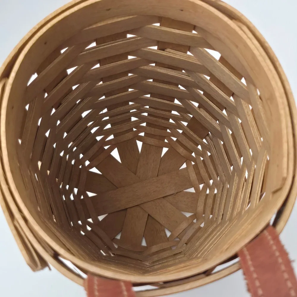 Longaberger 2003 Tall Hanging Basket Brown Liner Leather Strap Farmhouse Decor